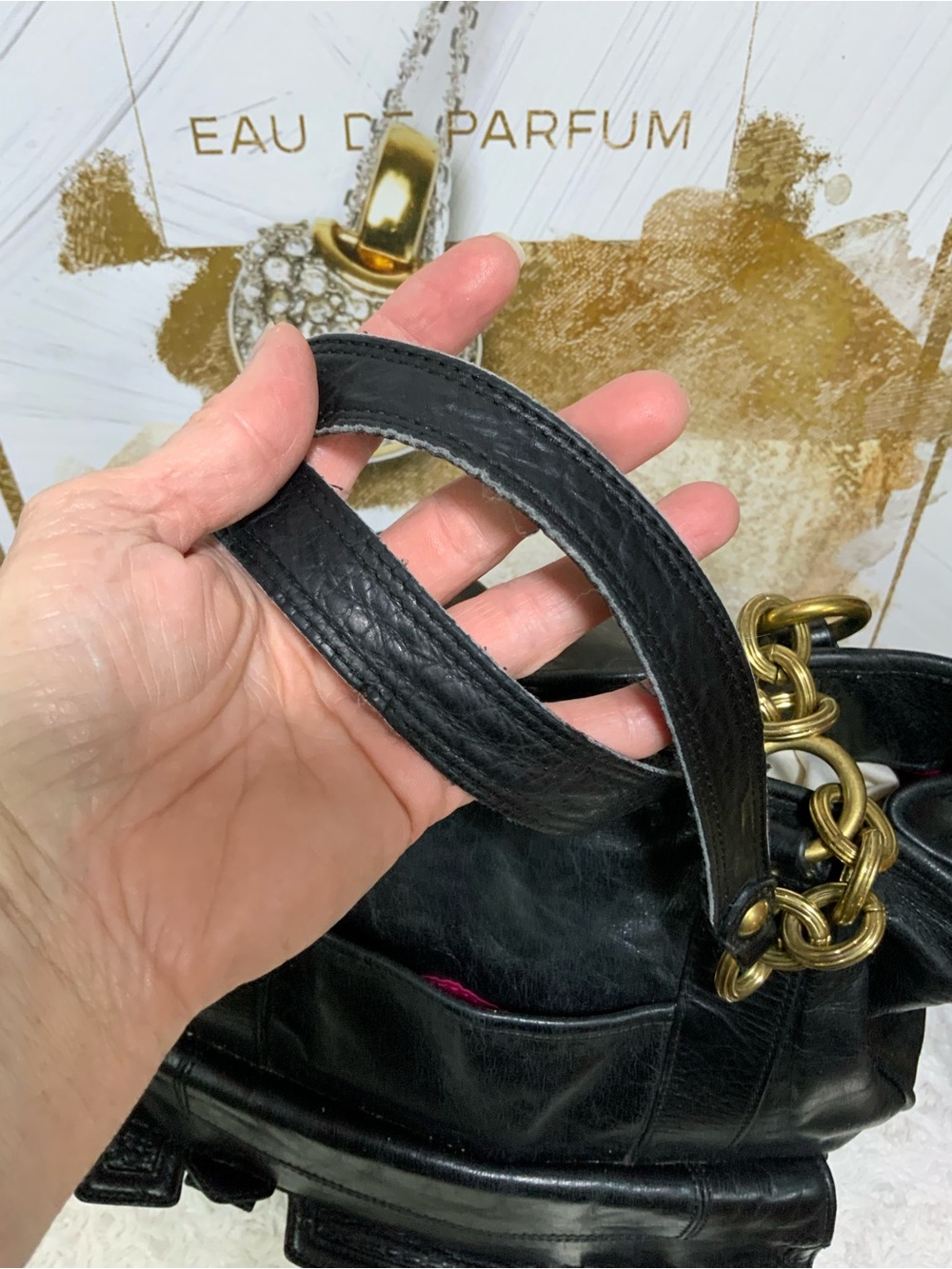 Coach Poppy Black Leather Tote with Gold Chain Handles - Picture 10 of 11